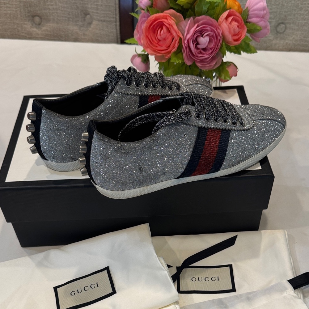 Authentic Gucci Silver Glitter Sneakers with Red and Blue Stripes